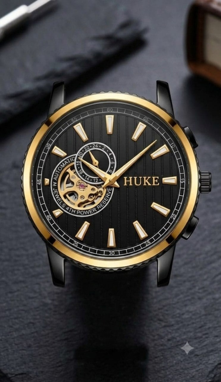 Huke open-heart automatic wrist-watch with a black dial and gold bezel, photographed on slate
